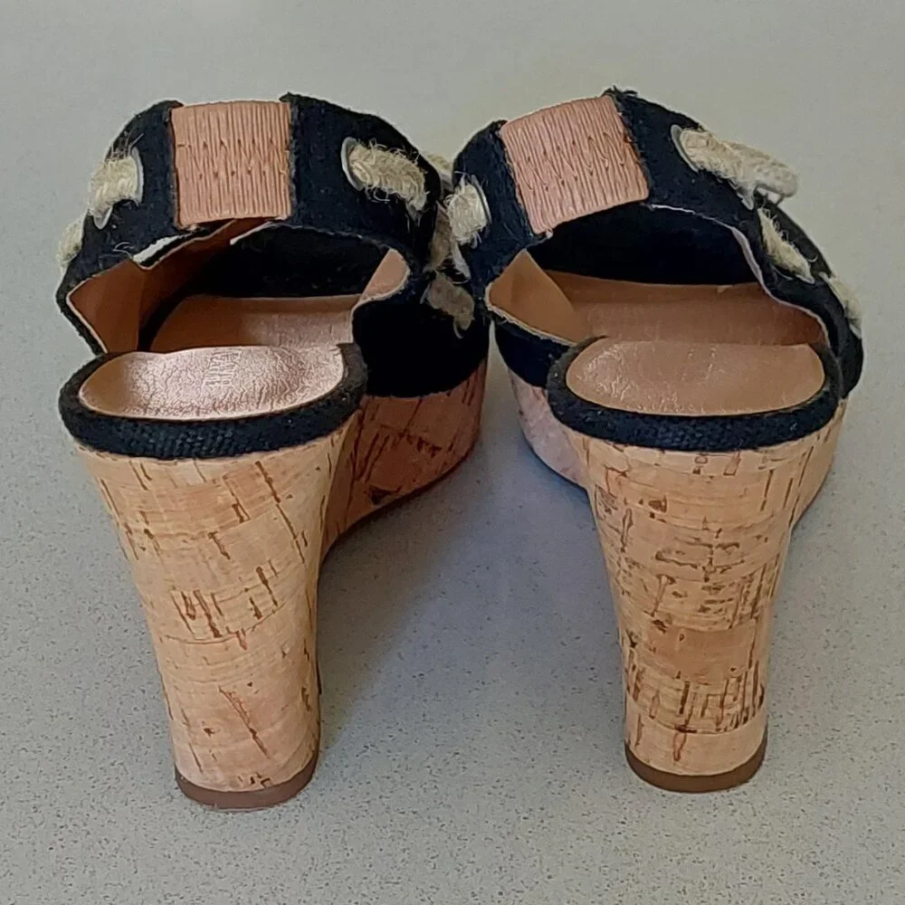 Franco Sarto Black and Cork Rope-Accent Wedge Sandals